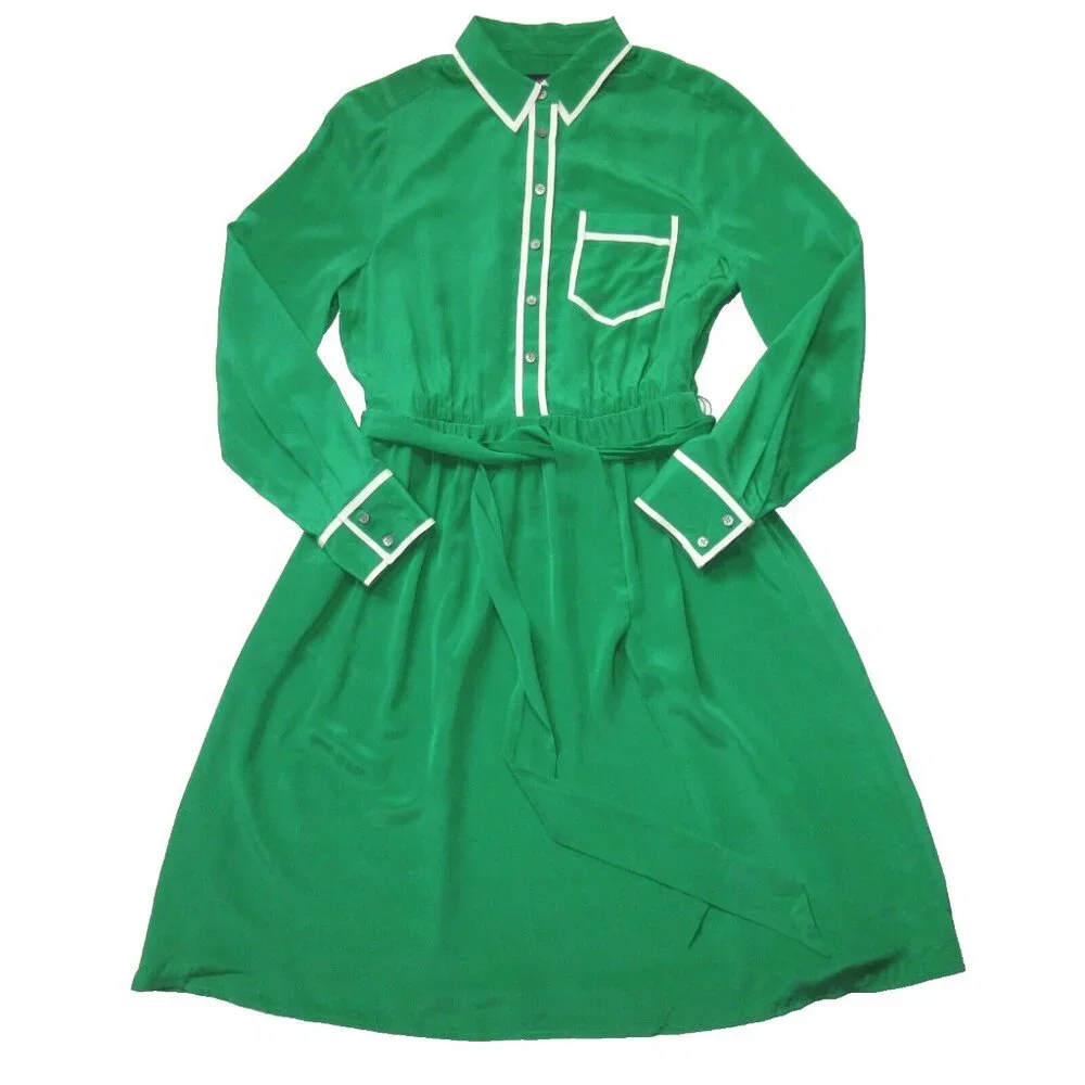NWT J.Crew A-line Silk Shirtdress in Warm Clover Belted Fit & Flare Dress 12 - Picture 3 of 6